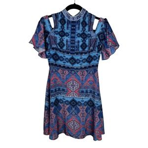 Rococo Sand Printed Cold Shoulder Dress Size XS Cutout Mini Blue Pink Womens